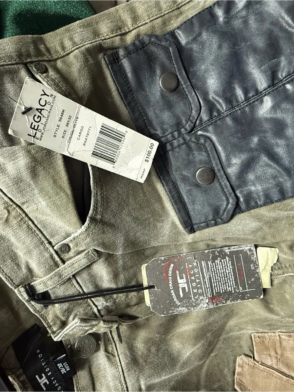 Jordan Craig Patchwork jeans in Olive Green with Multi-Panel Details